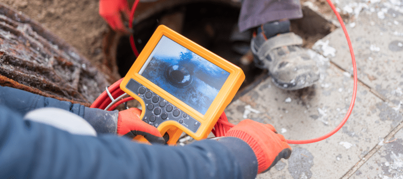 Technician using a sewer camera inspection device to examine the interior of a pipe